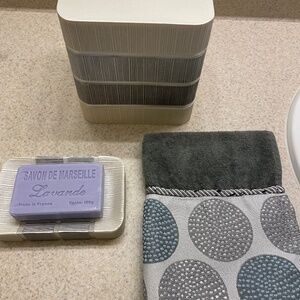 Bathroom Accessories-Hand towel, tissue holder, soap dish.